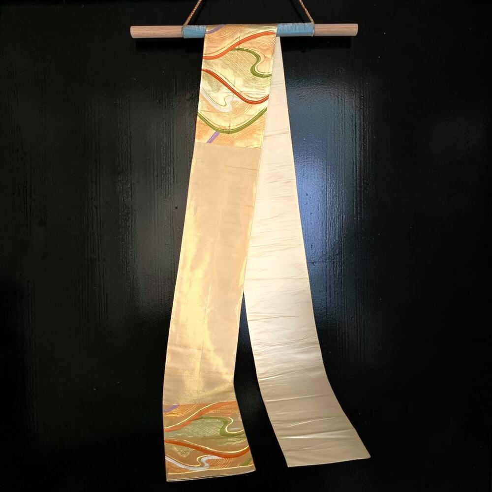 VTG Japanese Fukuro Obi Gold Metallic Brocade Silk 162" Kimono Sash Wall Hanging - Picture 13 of 13
